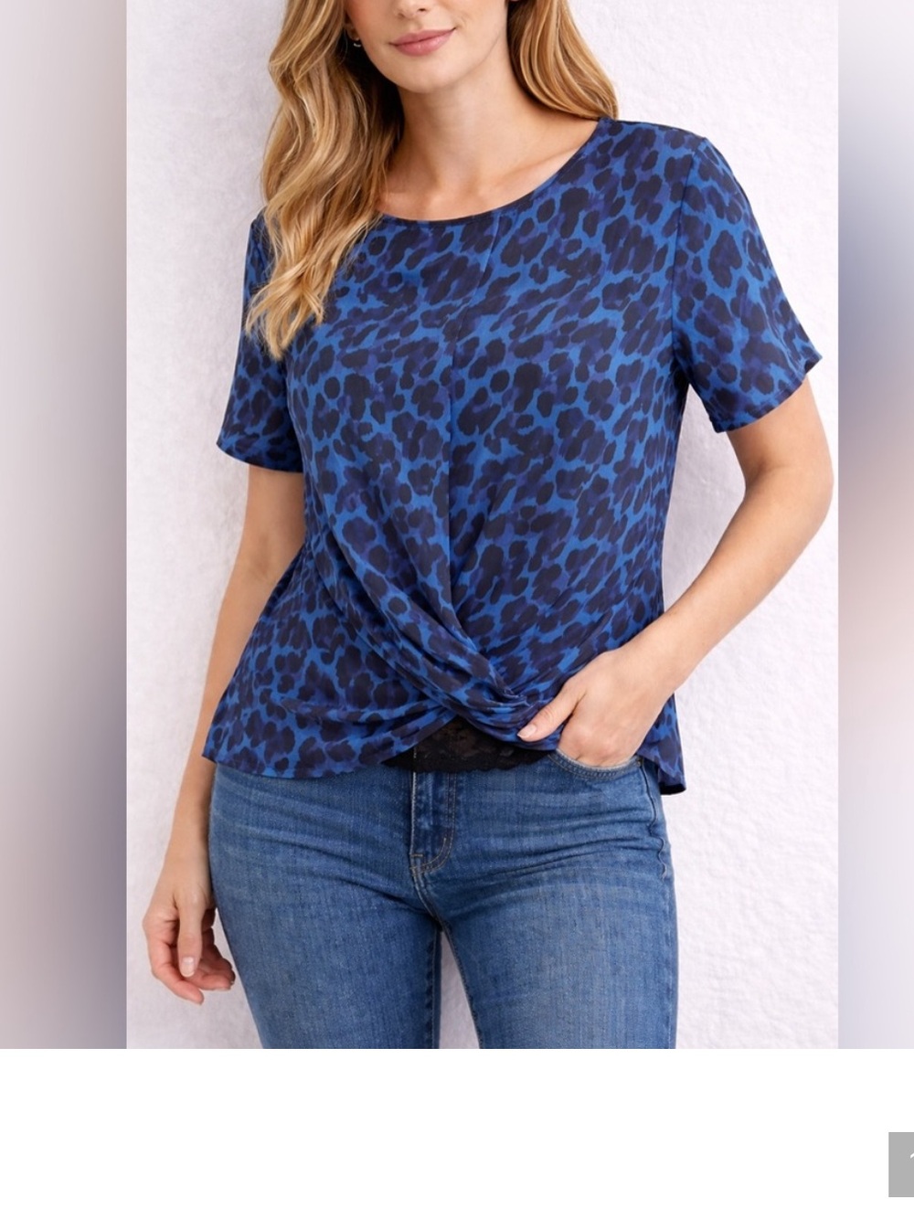 Banana Republic Blue and Black Leopard-Print Twist Front Blouse